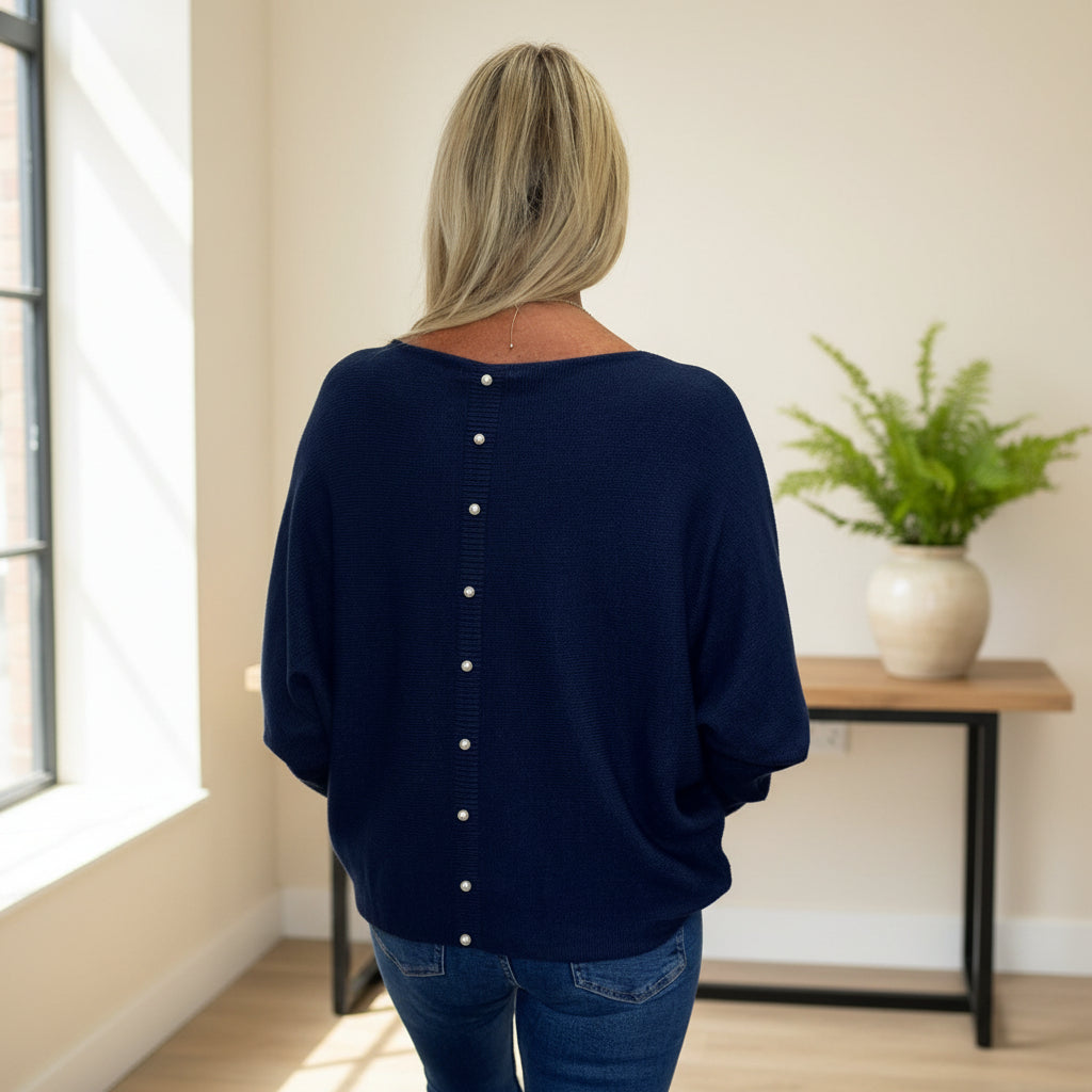 Made In Italy Polly Pearl Back Navy Blue Batwing Jumper - Sugarplum Boutique