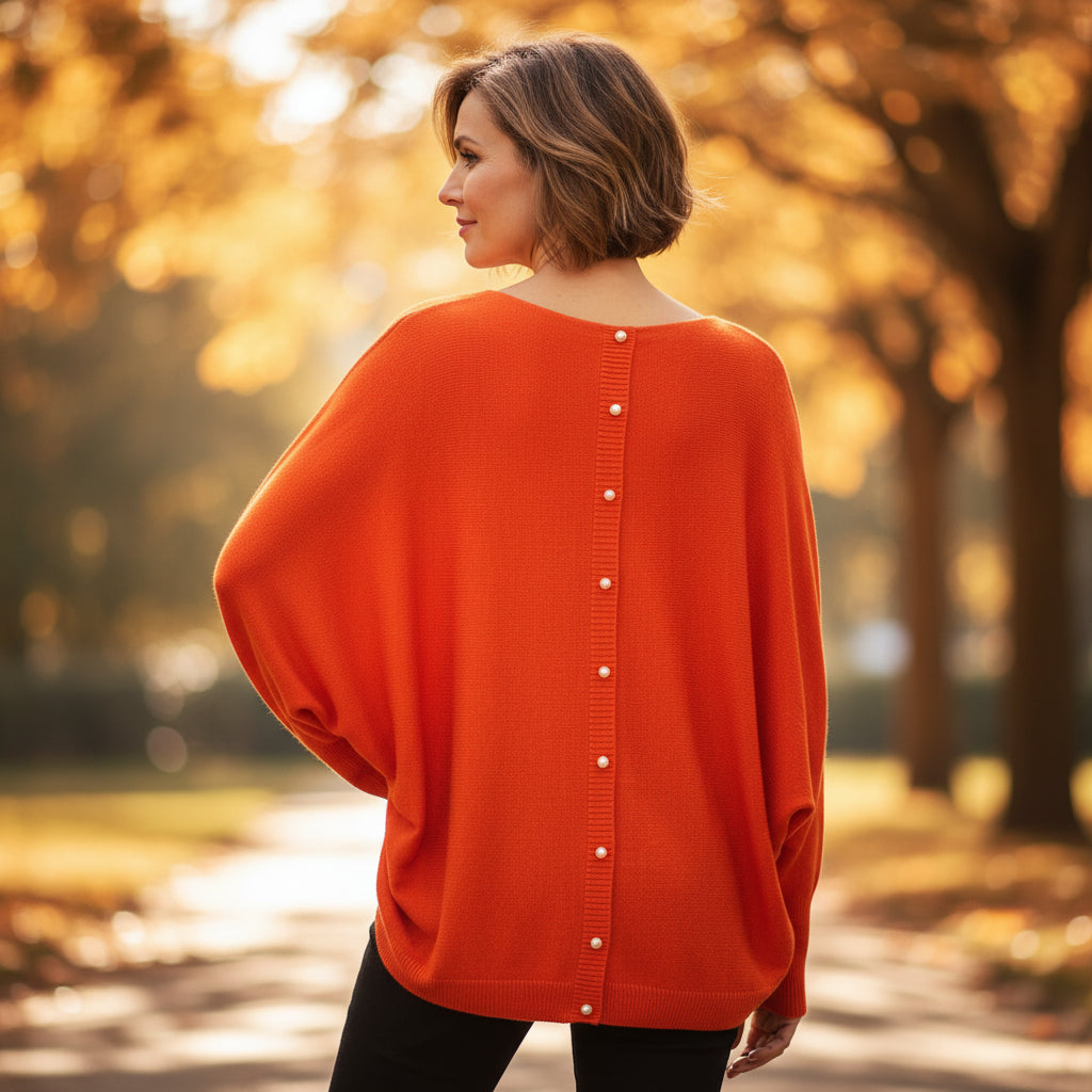 Made In Italy Polly Pearl Back Orange Batwing Sleeve Jumper - Sugarplum Boutique