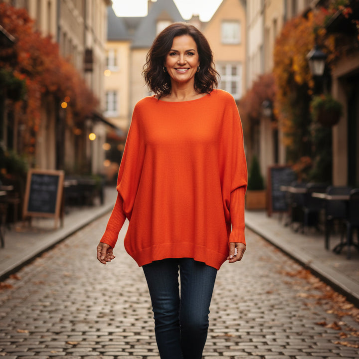 Made In Italy Polly Pearl Back Orange Batwing Sleeve Jumper - Sugarplum Boutique