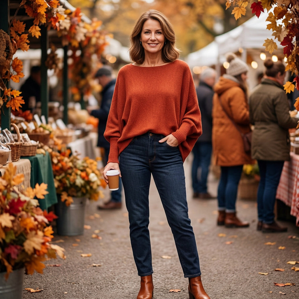 Made In Italy Polly Pearl Back Rust Brown Batwing Sleeve Jumper - Sugarplum Boutique
