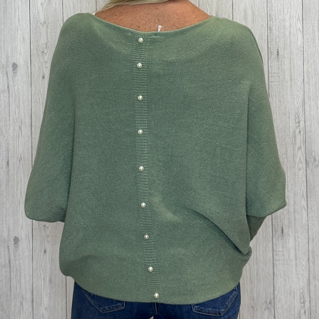 Made In Italy Polly Pearl Back Sage Green Batwing Sleeve Jumper - Sugarplum Boutique