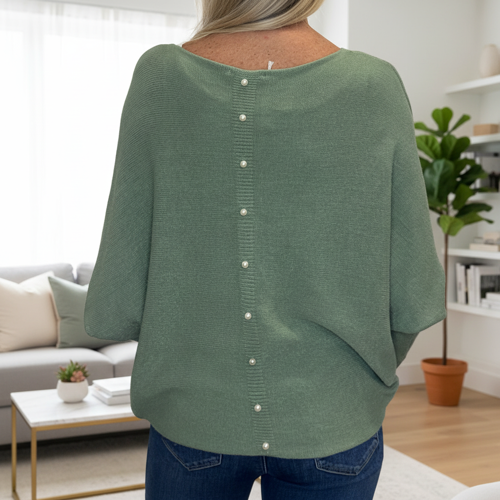 Made In Italy Polly Pearl Back Sage Green Batwing Sleeve Jumper - Sugarplum Boutique