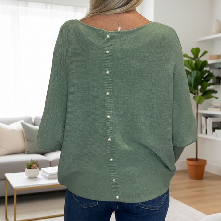 Made In Italy Polly Pearl Back Sage Green Batwing Sleeve Jumper - Sugarplum Boutique