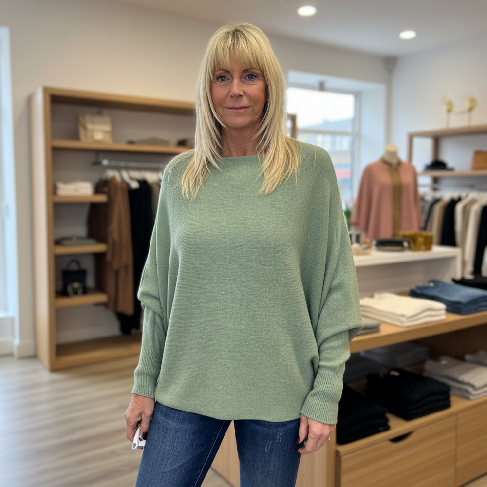 Made In Italy Polly Pearl Back Sage Green Batwing Sleeve Jumper - Sugarplum Boutique