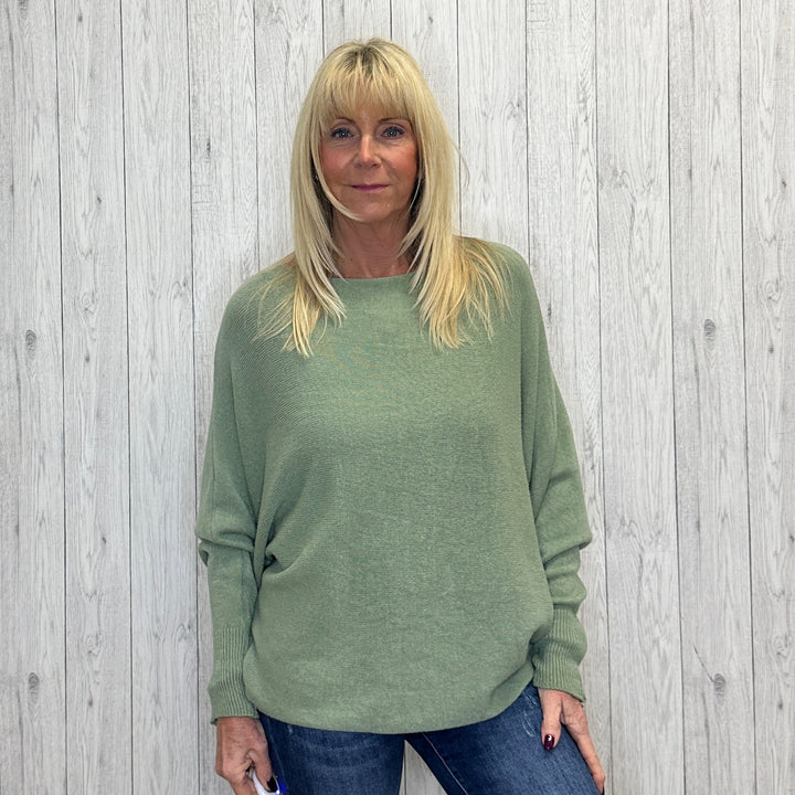 Made In Italy Polly Pearl Back Sage Green Batwing Sleeve Jumper - Sugarplum Boutique