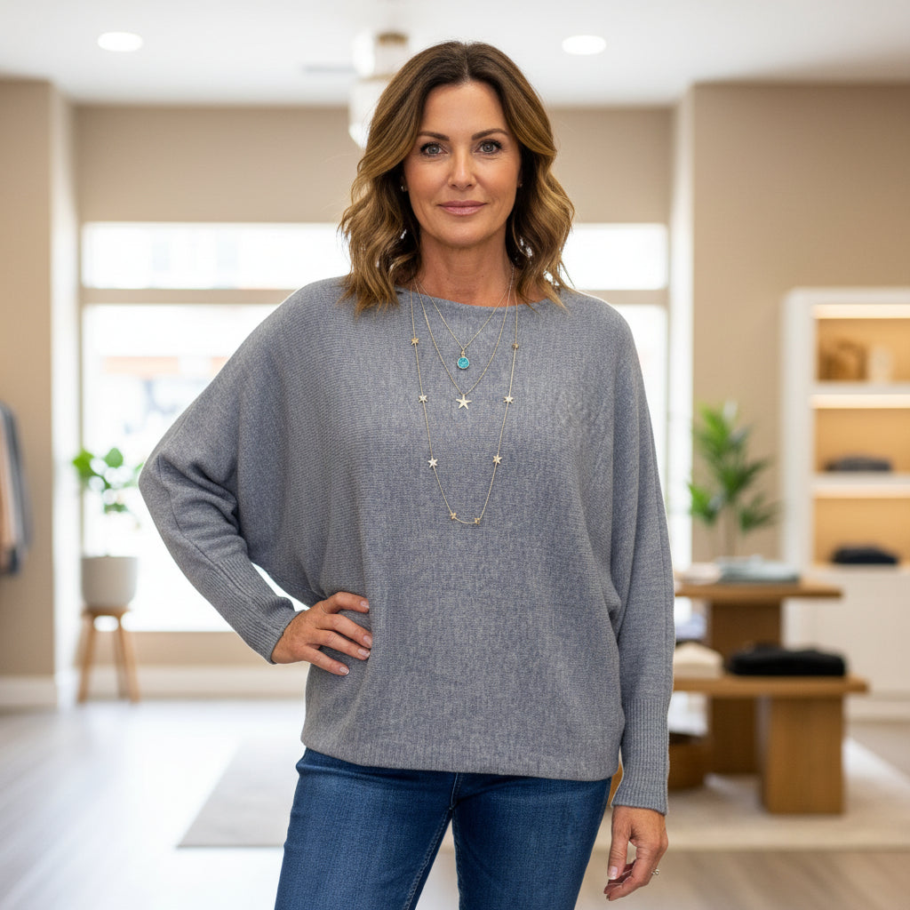 Made In Italy Polly Pearl Back Silver Grey Batwing Sleeve Jumper - Sugarplum Boutique