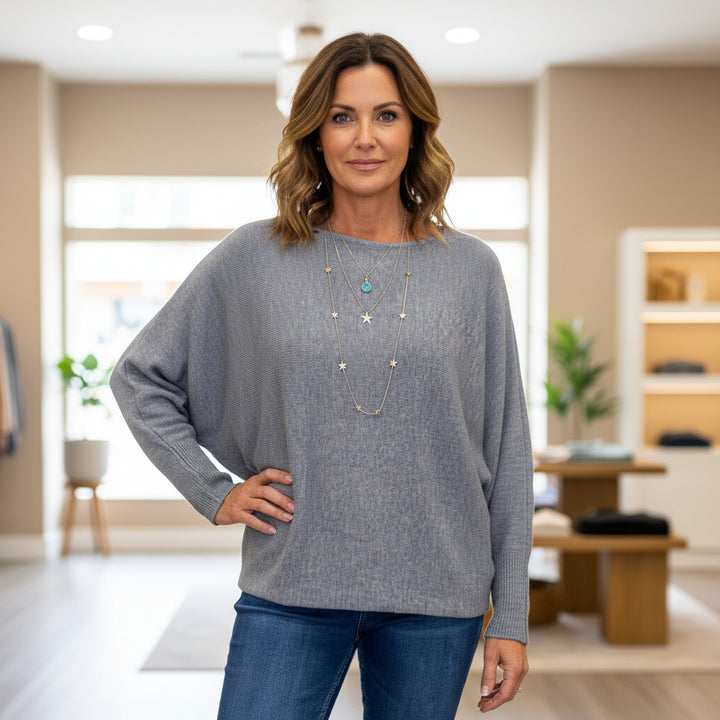 Made In Italy Polly Pearl Back Silver Grey Batwing Sleeve Jumper - Sugarplum Boutique