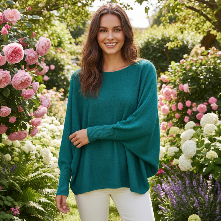 Made In Italy Polly Pearl Back Teal Green Batwing Jumper- Sugarplum Boutique