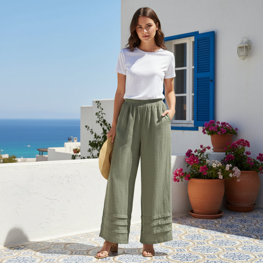 Made In Italy Posy Linen Cotton Blend Khaki Green Wide Leg Trousers