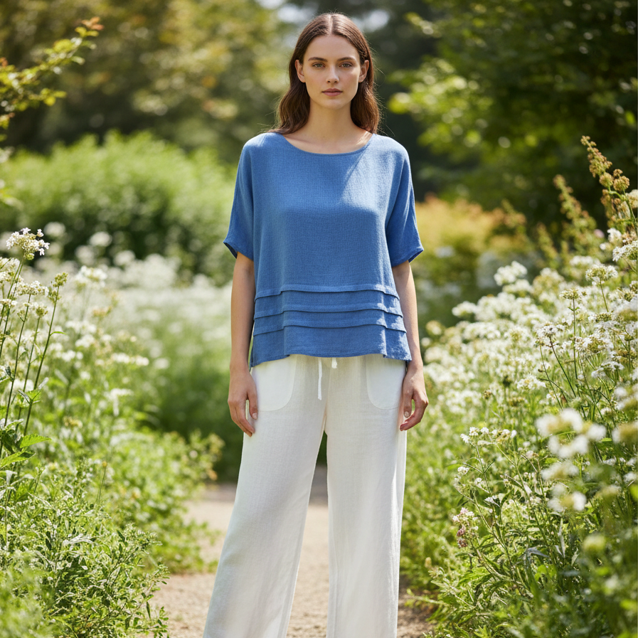 Made In Italy Posy Sky Blue Linen Cotton Blend Pintuck Top - Sugarplum Boutique