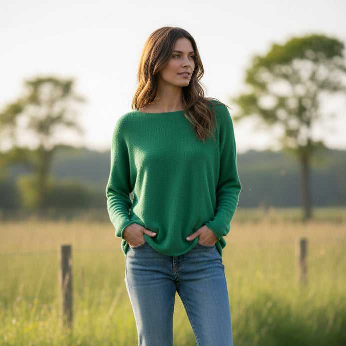 Made In Italy Rhonda Boat Neck Emerald Green Wool Blend Jumper - Sugarplum Boutique