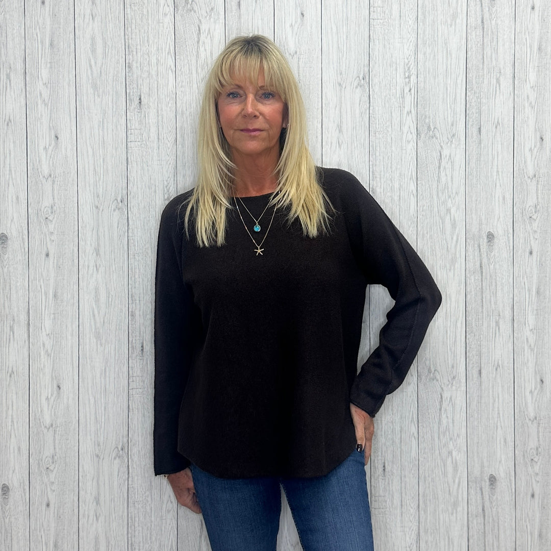 Made In Italy Rhonda Boat Neck Jumper Seamed Arm Chocolate Brown - Sugarplum Boutique