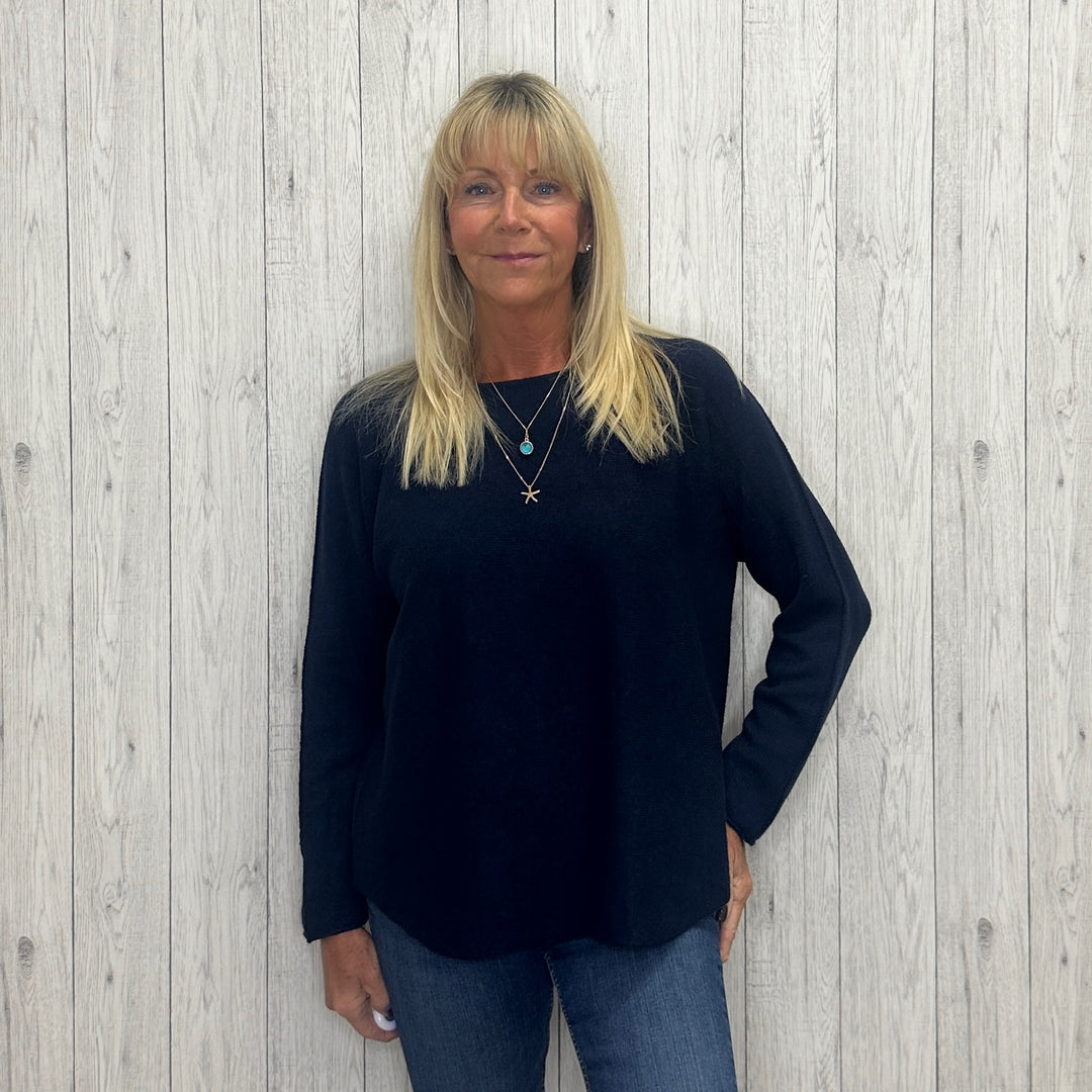 Made In Italy Rhonda Boat Neck Jumper Seamed Arm Navy Blue - Sugarplum Boutique