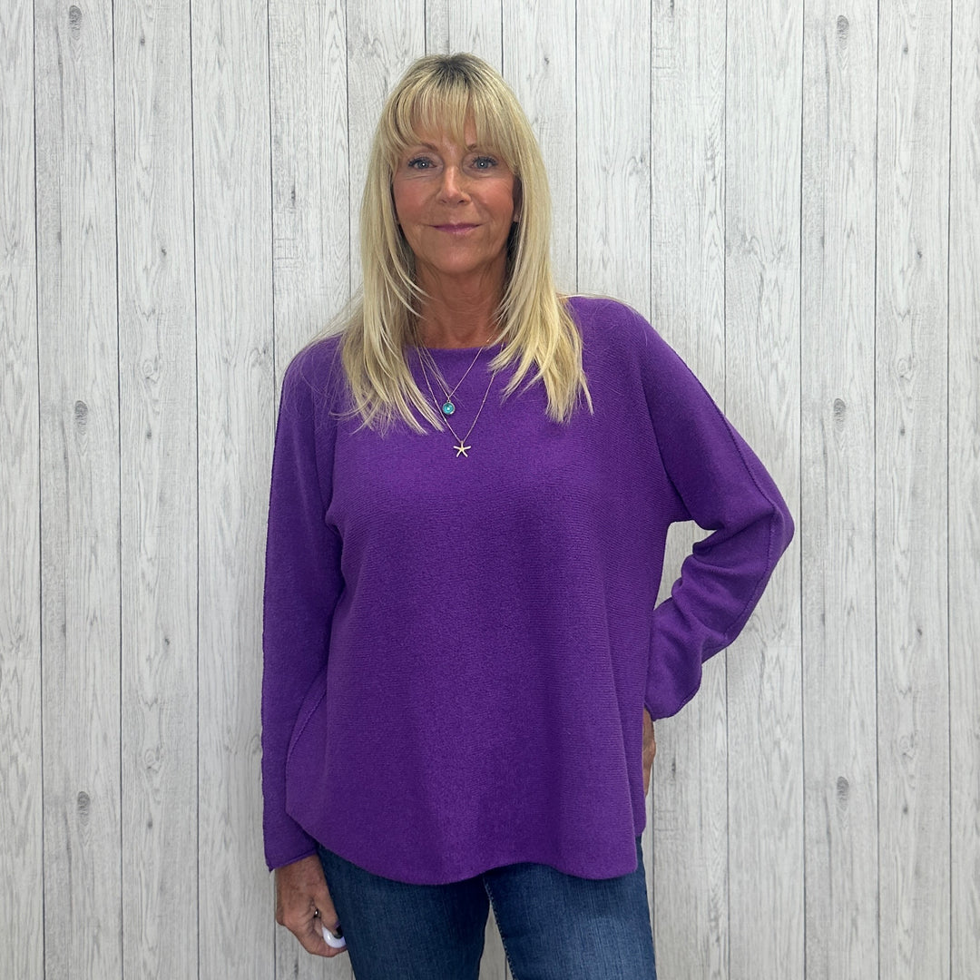 Made In Italy Rhonda Boat Neck Jumper Seamed Arm Purple - Sugarplum Boutique
