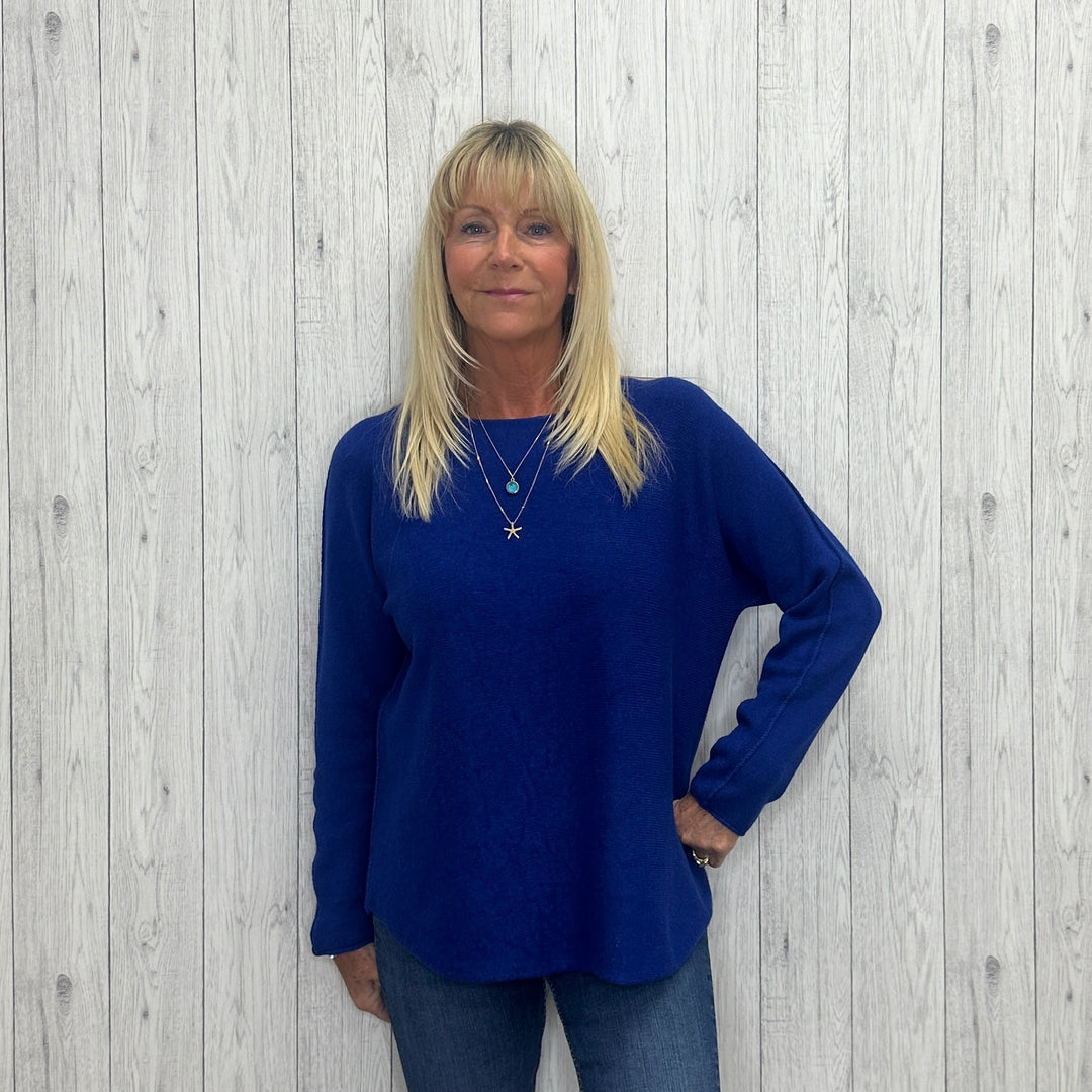 Made In Italy Rhonda Boat Neck Jumper Seamed Arm Royal Blue - Sugarplum Boutique
