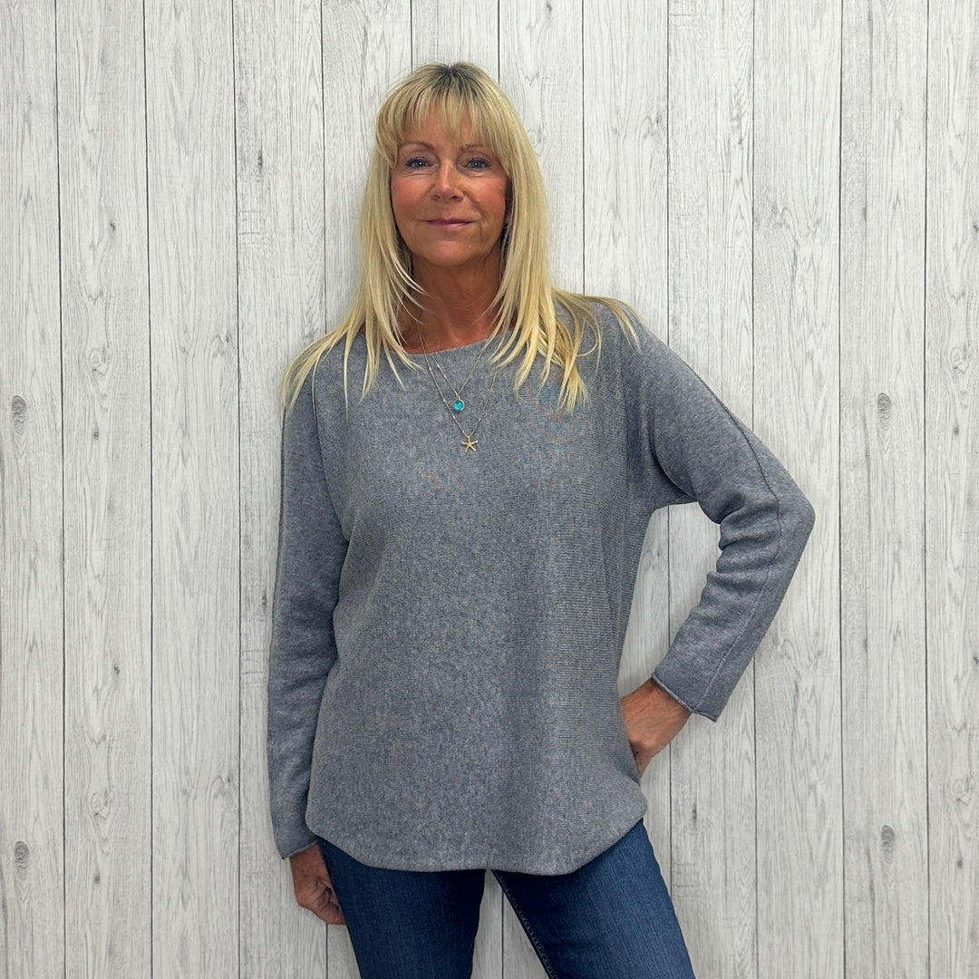 Made In Italy Rhonda Boat Neck Jumper Seamed Arm Silver Grey - Sugarplum Boutique