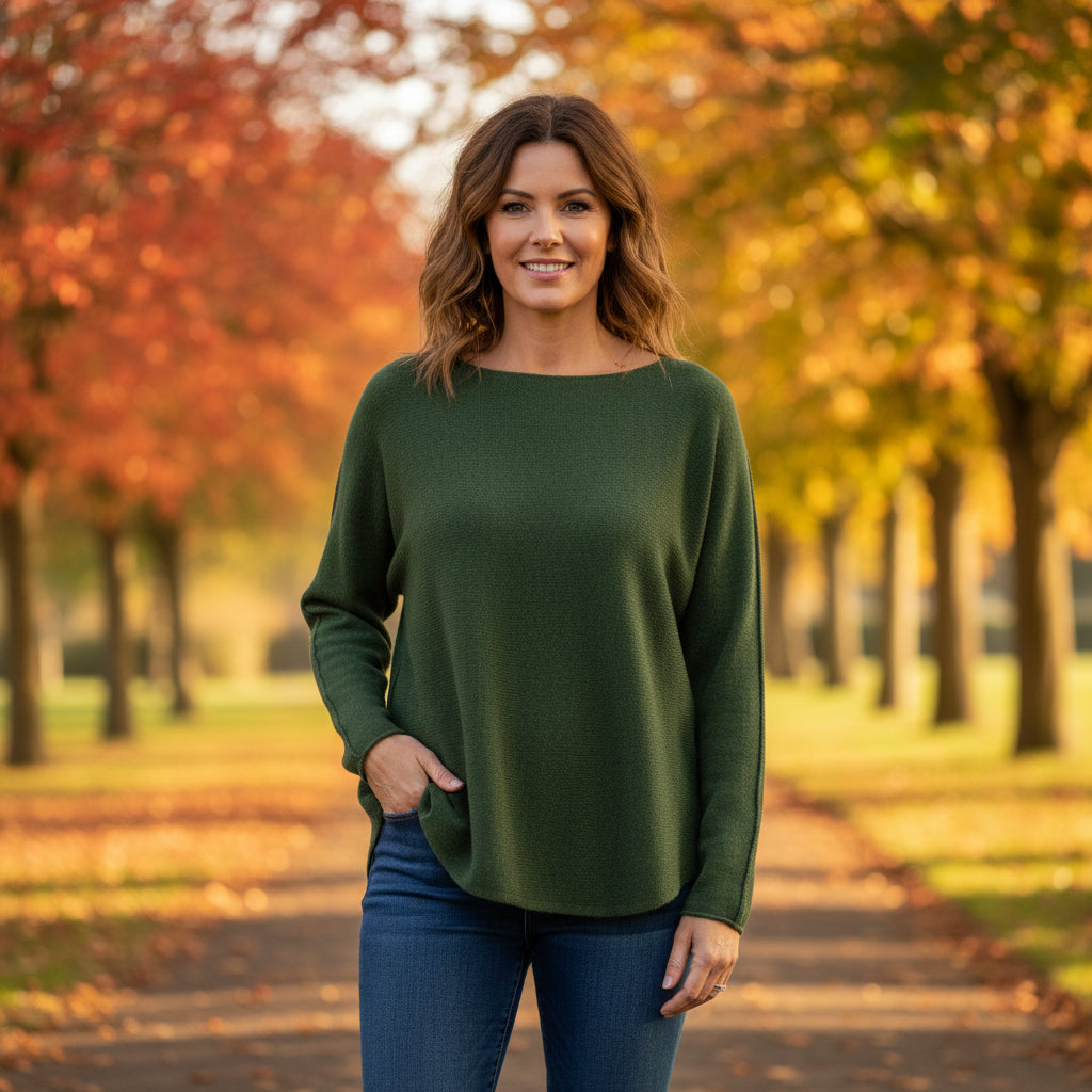 Made In Italy Rhonda Boat Neck Khaki Green Wool Blend Jumper - Sugarplum Boutique
