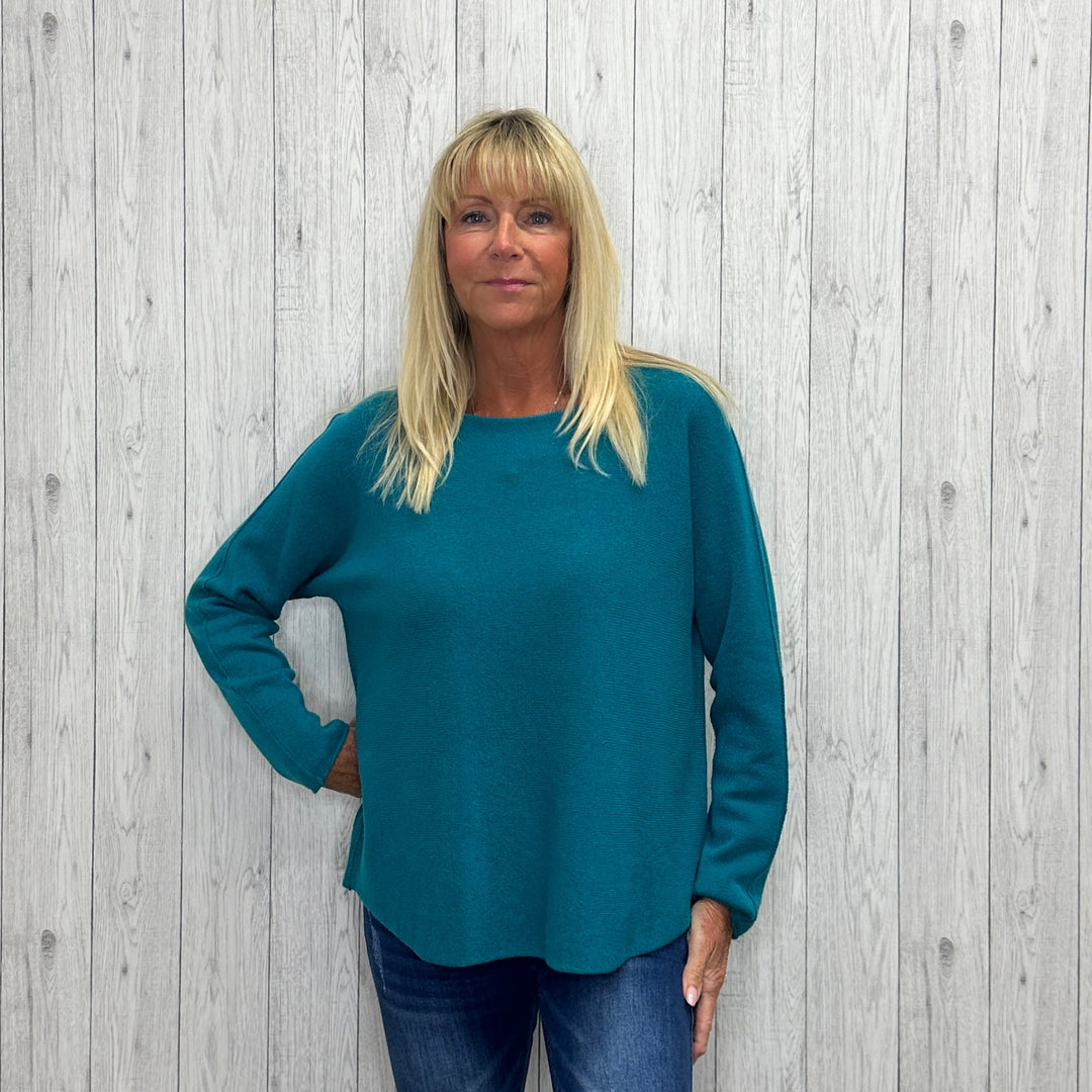 Made In Italy Rhonda Boat Neck Jumper Seamed Arm Teal Green - Sugarplum Boutique