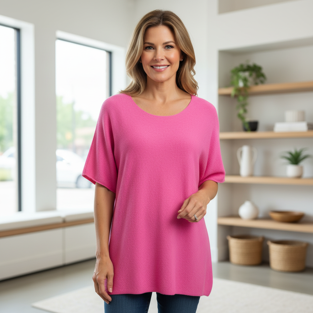 Made In Italy Rhonda Bubblegum Pink Short Sleeved Round Neck Jumper - Sugarplum Boutique