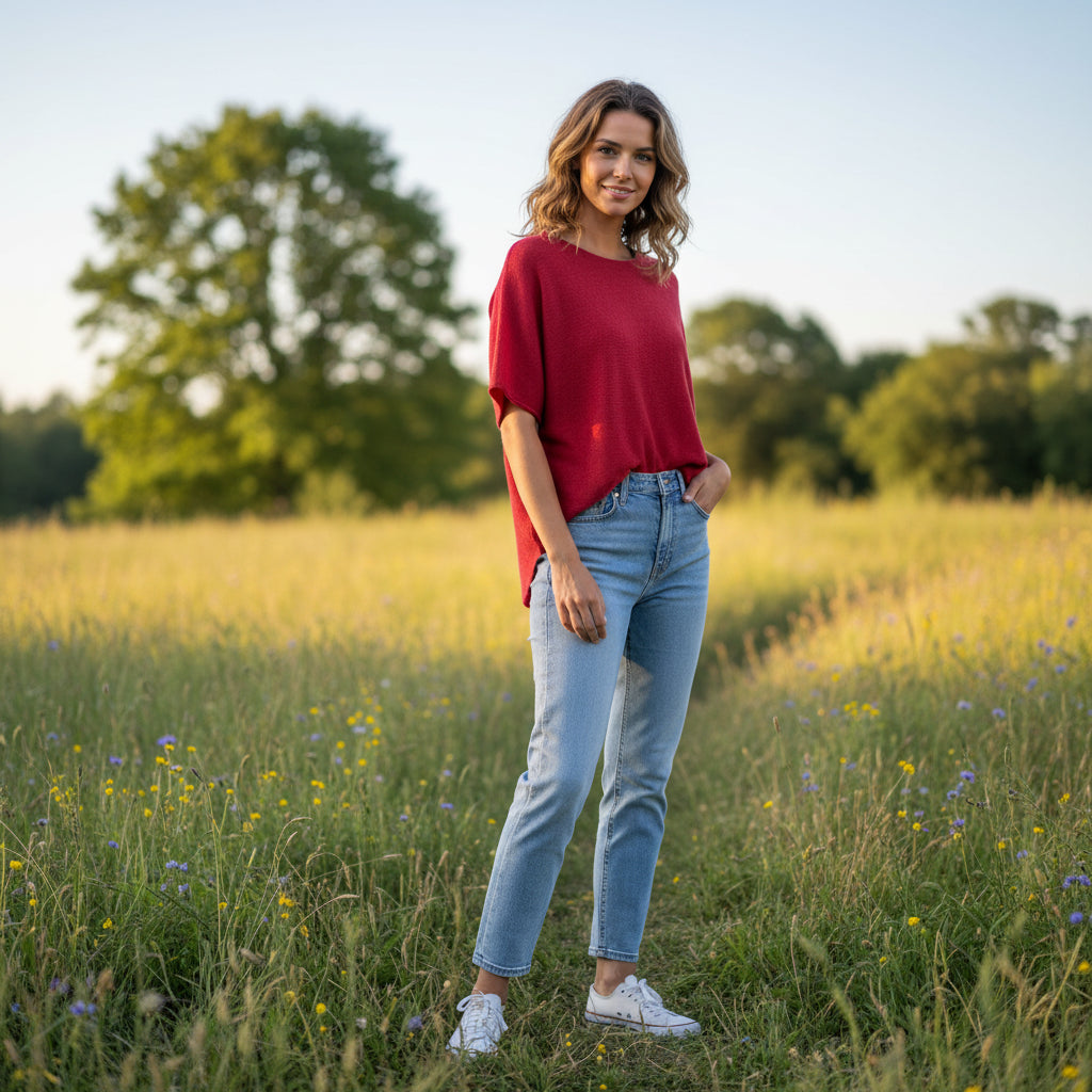 Made In Italy Rhonda Burgundy Short Sleeved Round Neck Jumper - Sugarplum Boutique