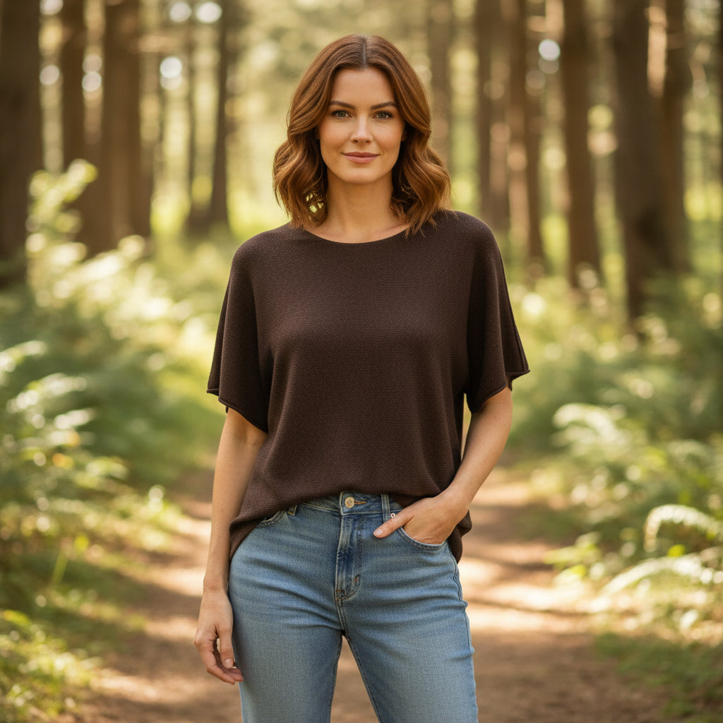 Made In Italy Rhonda Chocolate Brown Short Sleeved Round Neck Jumper - Sugarplum Boutique