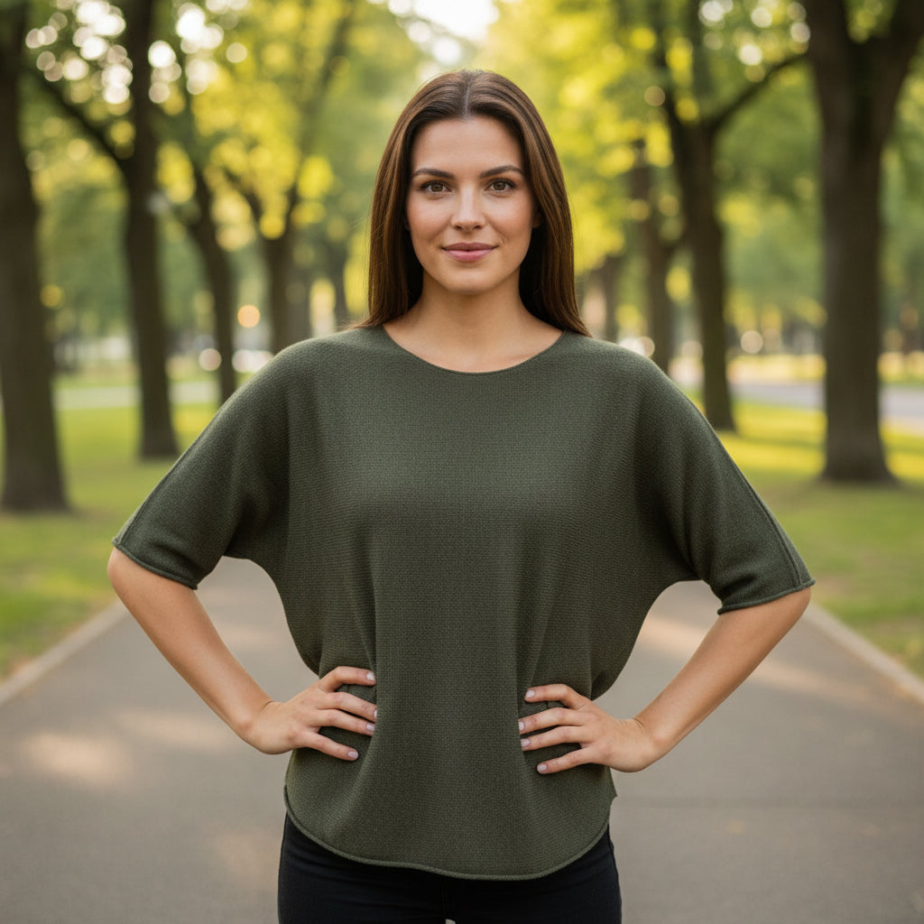 Made In Italy Rhonda Khaki Green Short Sleeved Round Neck Jumper -Sugarplum Boutique