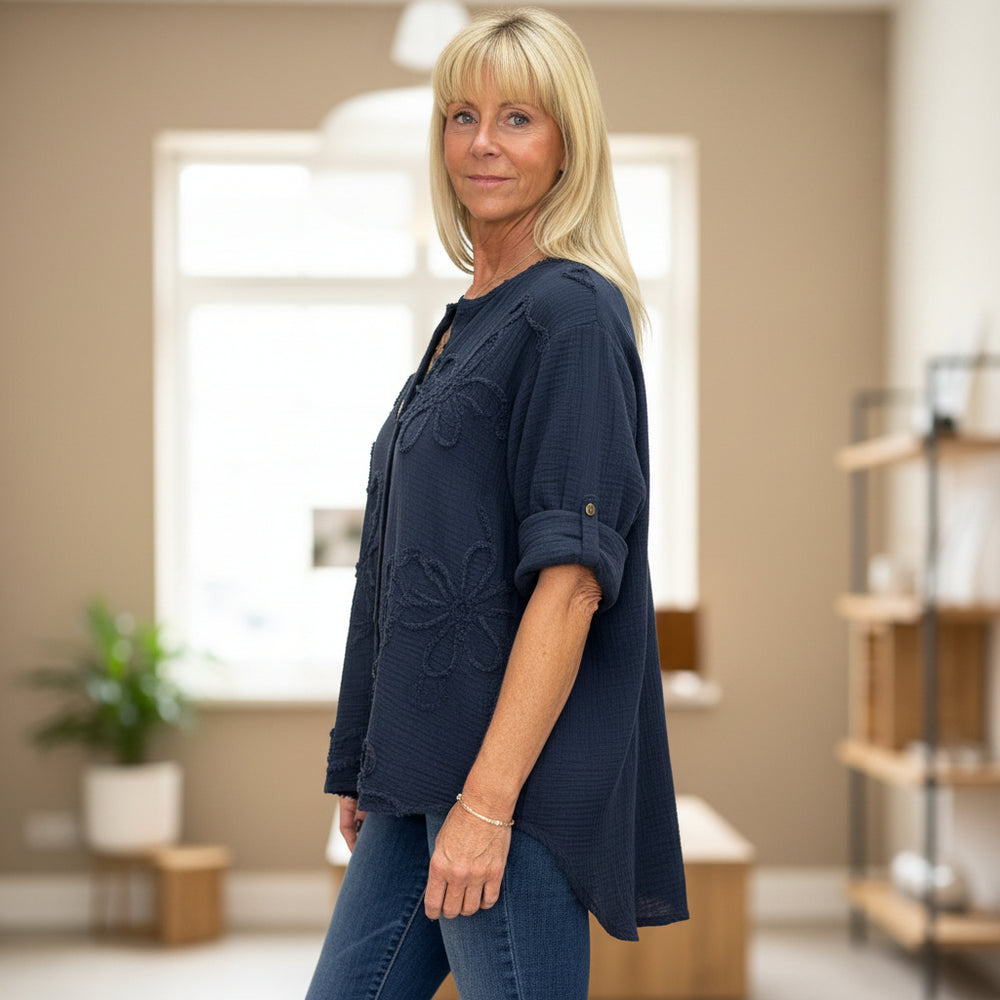 Made In Italy Riverton Navy Blue Cotton Single Button Top - Sugarplum Boutique