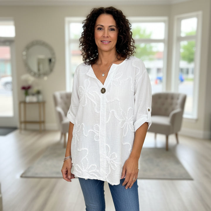 Made In Italy Riverton White Cotton Single Button Top - Sugarplum Boutique