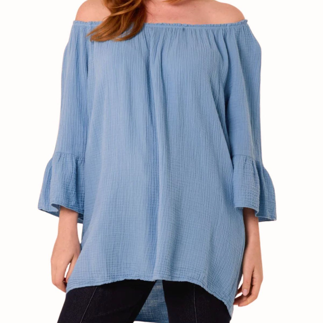 Made In Italy Rochelle Denim Blue Cotton Cheesecloth Top - Sugarplum Boutique
