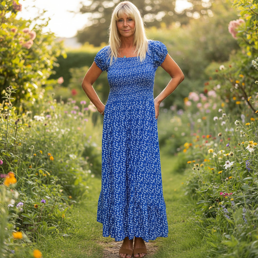 Made In Italy Royal Blue Ditsy Flower Shirred Bardot Maxi Dress - Sugarplum Boutique