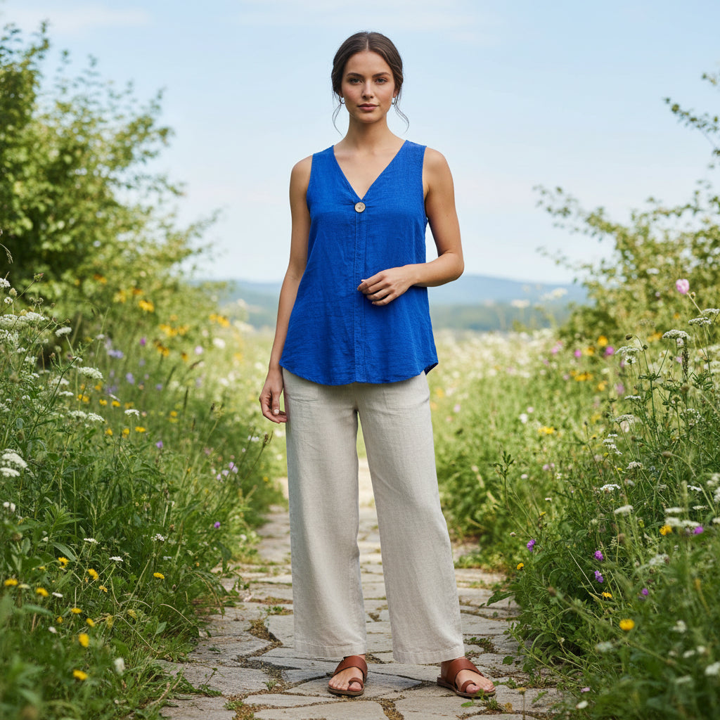 Made In Italy Royal Blue Plain Cotton Single Button Sleeveless Vest Top - Sugarplum Boutique