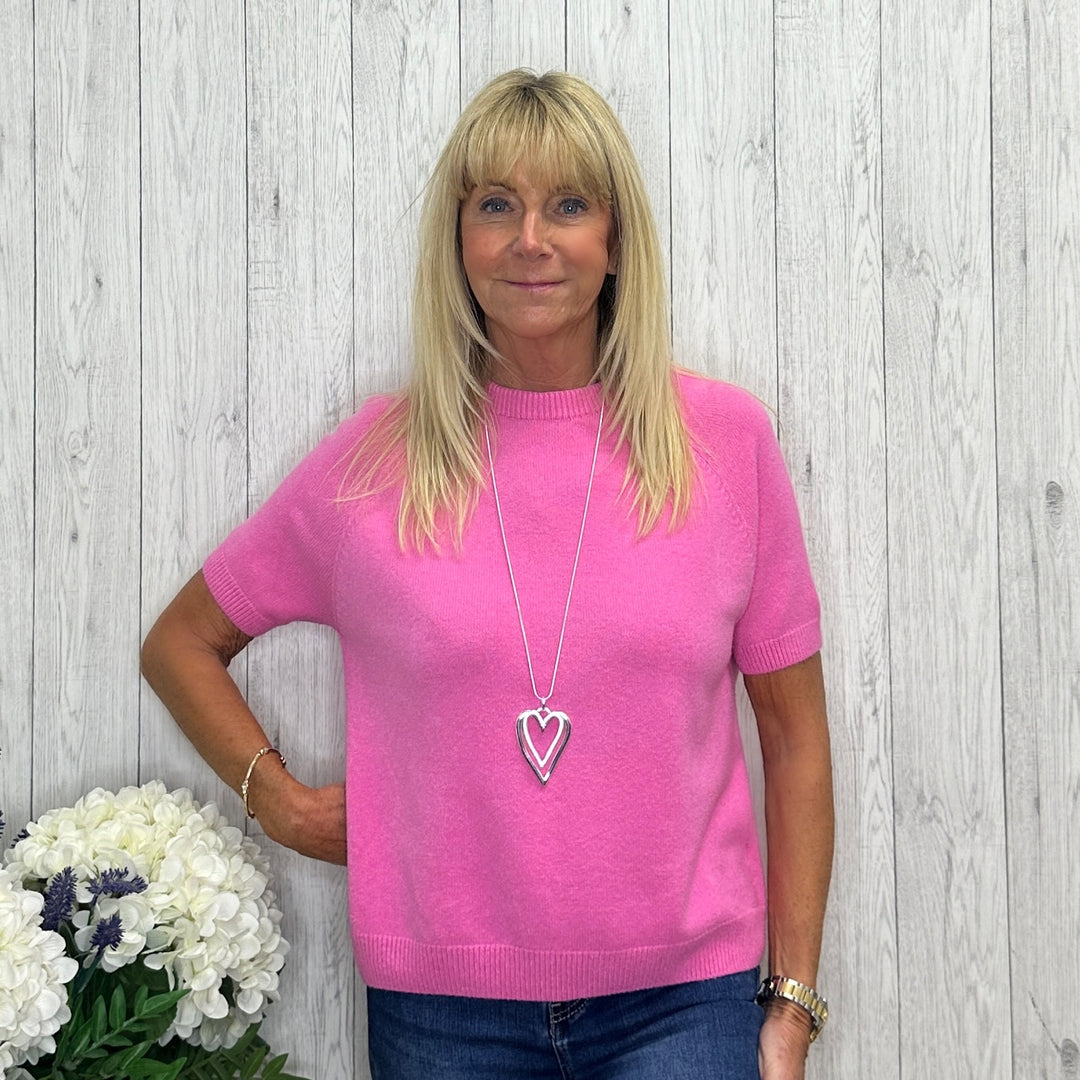 Made In Italy Selbourne Bubblegum Pink Round Neck Short Sleeve Jumper - Sugarplum Boutique