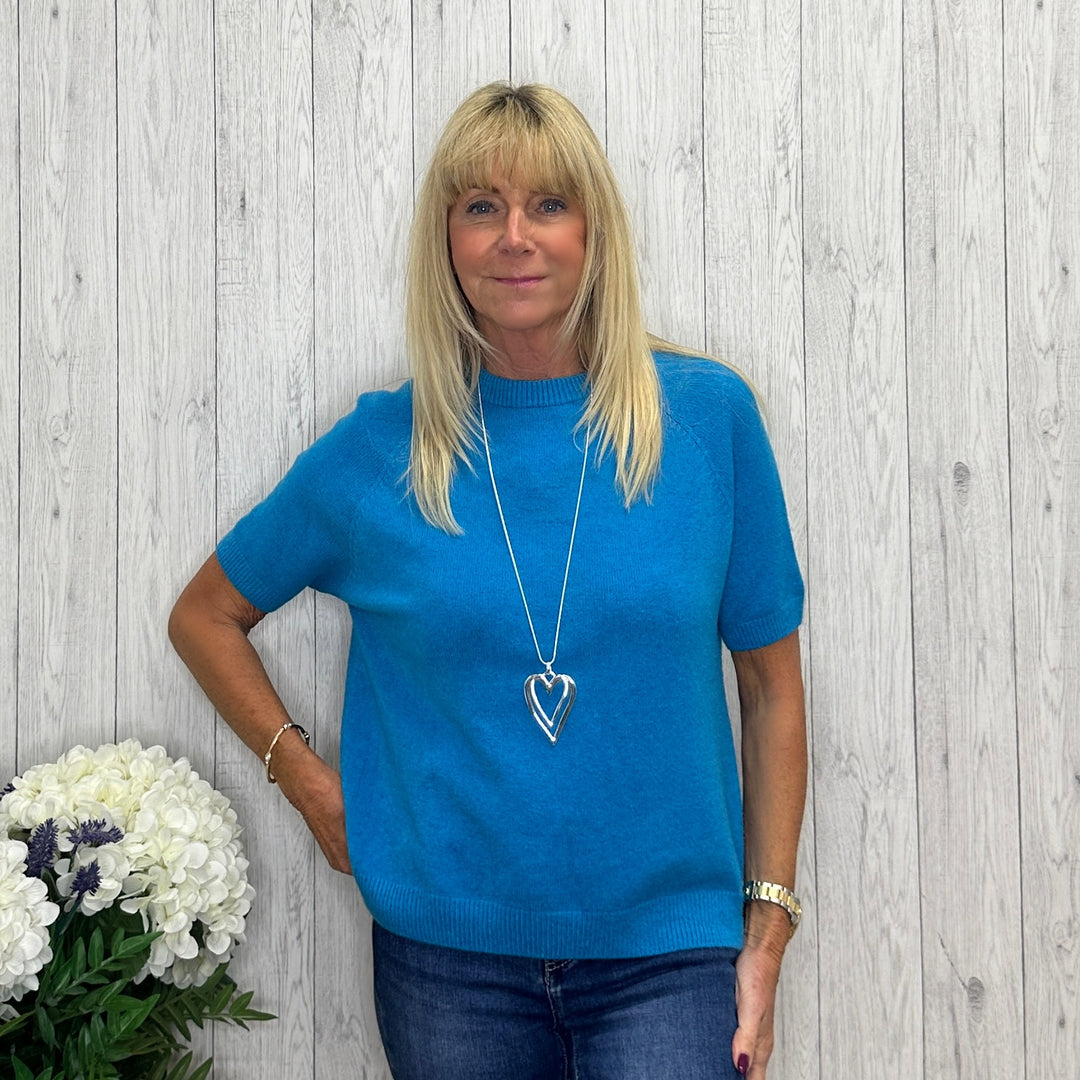 Made In Italy Selbourne Turquoise Blue Round Neck Short Sleeve Jumper -  Sugarplum Boutique