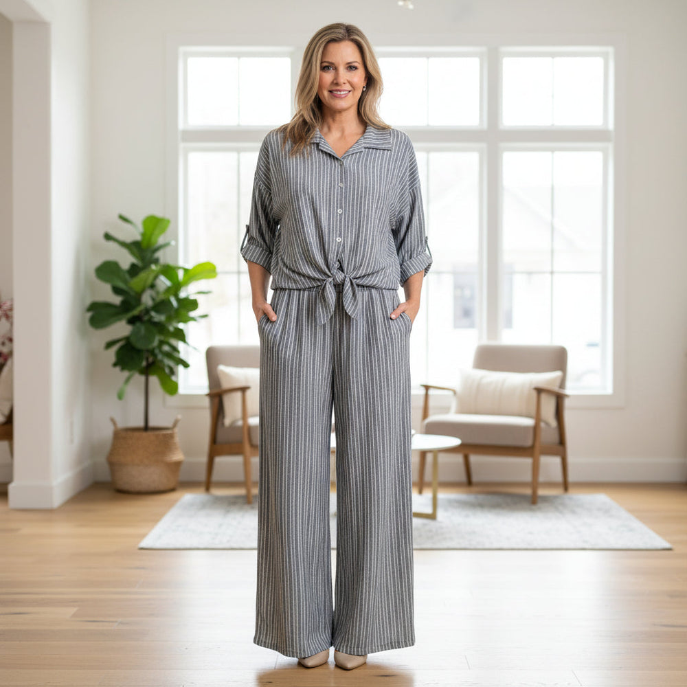 Made In Italy Serena Grey Striped Cotton Mix Top - Sugarplum Boutique