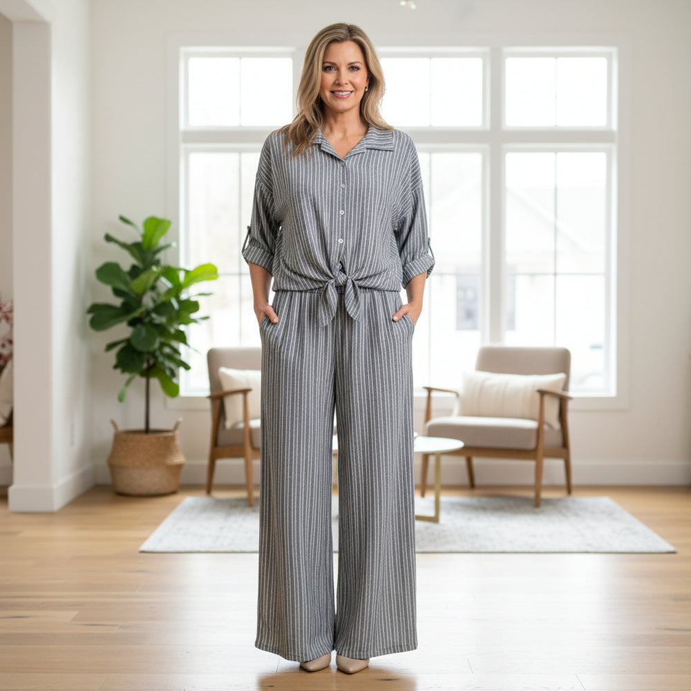 Made In Italy Serena Grey Striped Cotton Mix Wide Leg Trousers - Sugarplum Boutique