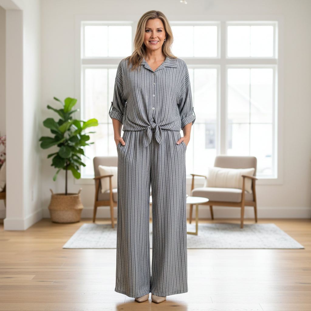 Made In Italy Serena Grey Striped Cotton Mix Wide Leg Trousers - Sugarplum Boutique