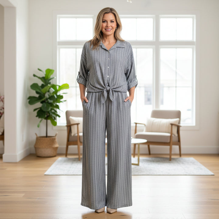Made In Italy Serena Grey Striped Cotton Mix Wide Leg Trousers - Sugarplum Boutique