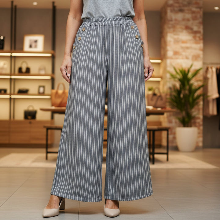 Made In Italy Serena Grey Striped Cotton Mix Wide Leg Trousers - Sugarplum Boutique
