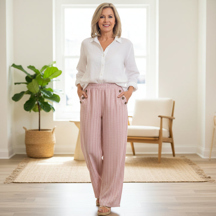 Made In Italy Serena Pink Striped Cotton Mix Wide Leg Trousers - Sugarplum Boutique