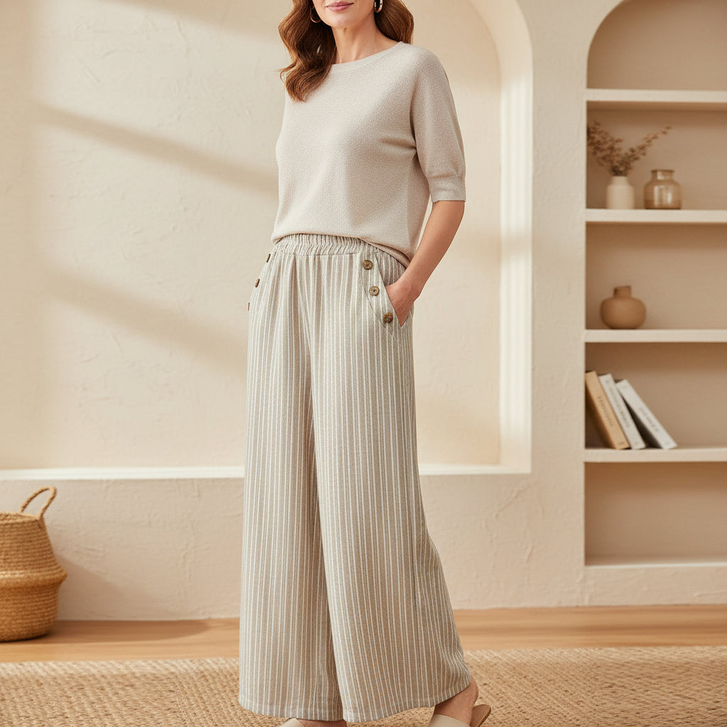 Made In Italy Serena Stone Striped Cotton Mix Wide Leg Trousers - Sugarplum Boutique