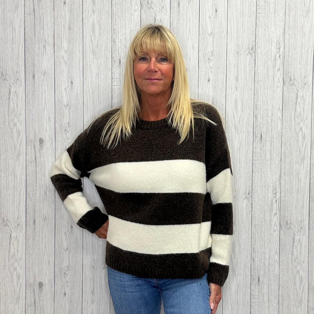 Made In Italy Sian Striped Cosy Wool Mix Jumper Chocolate Brown - Sugarplum Boutique