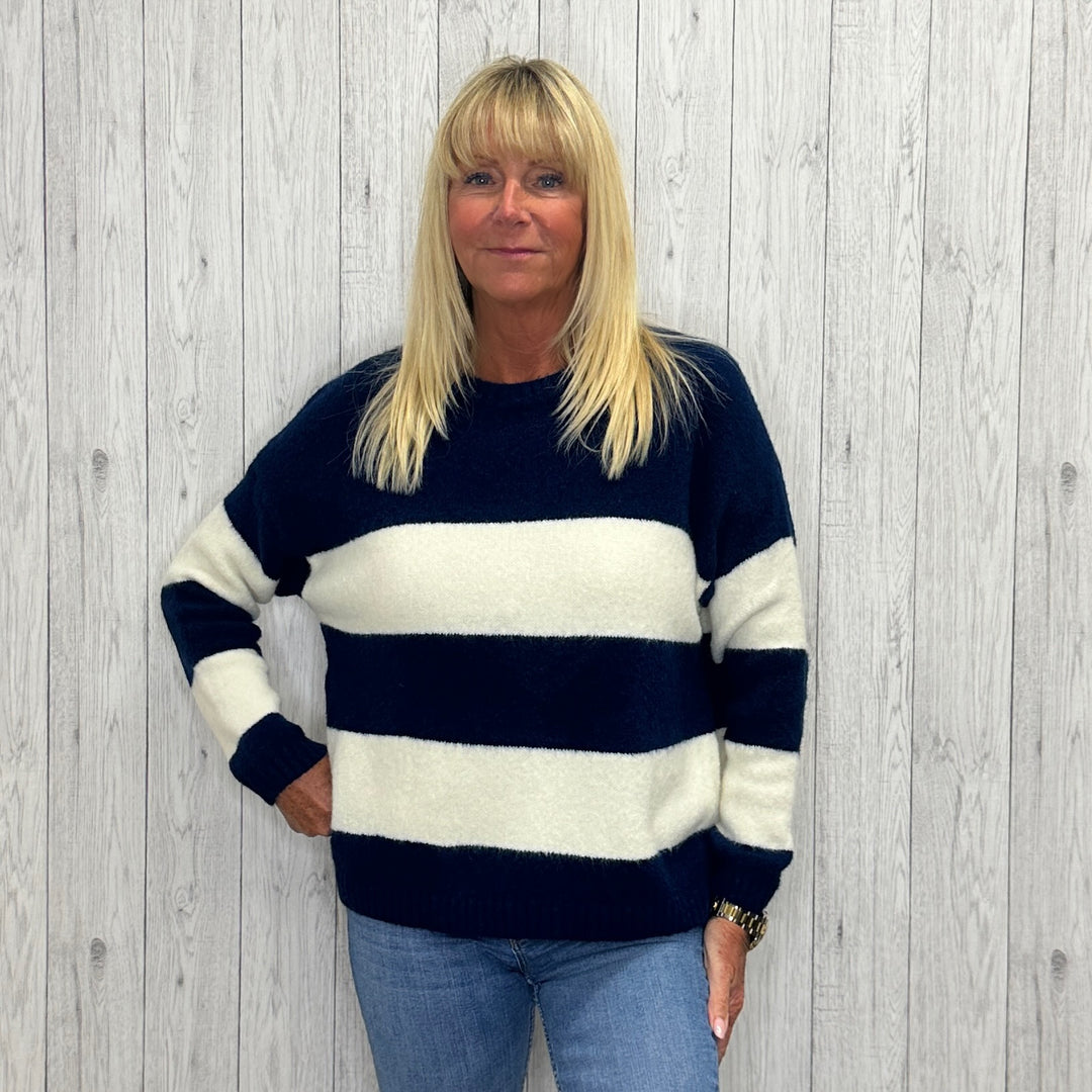 Made In Italy Sian Striped Cosy Wool Mix Jumper Navy Blue - Sugarplum Boutique