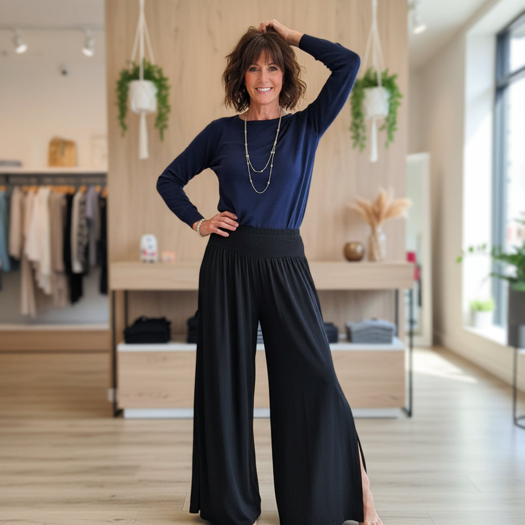 Made In Italy Split Side Black Wide Leg Stretch Waistband Trousers - Sugarplum Boutique