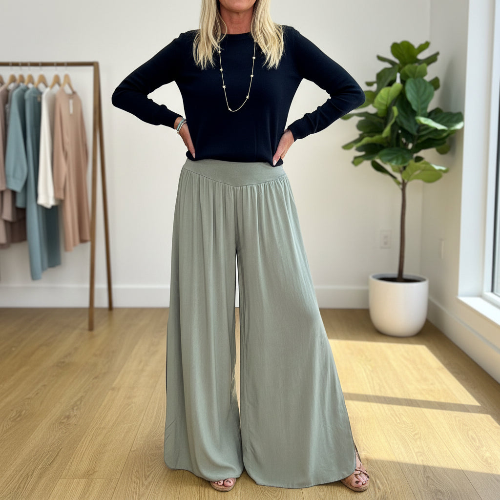 Made In Italy Split Side Khaki Wide Leg Stretch Waistband Trousers - Sugarplum Boutique