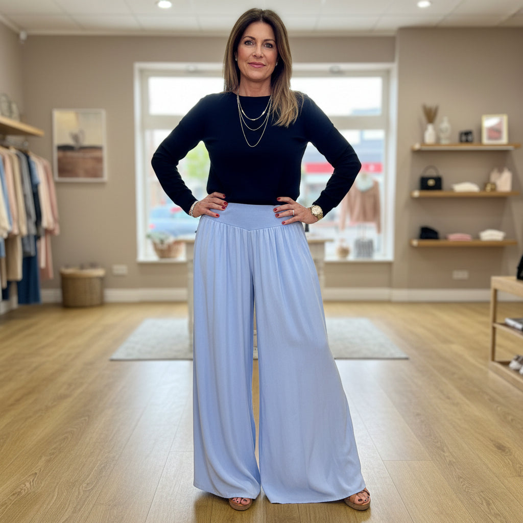 Made In Italy Split Side Light Blue Wide Leg Stretch Waistband Trouser - Sugarplum Boutique