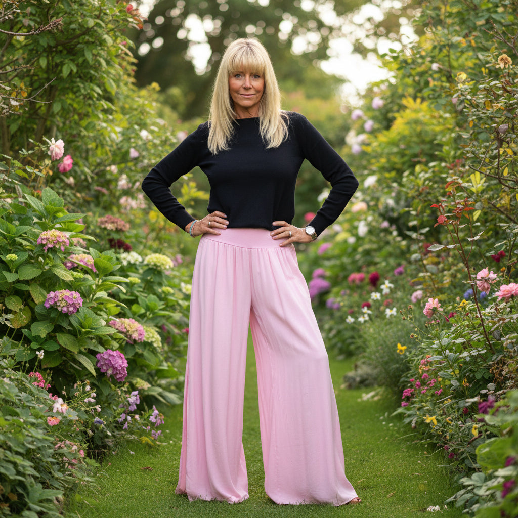 Made In Italy Split Side Light Pink Wide Leg Stretch Waistband Trousers - Sugarplum Boutique