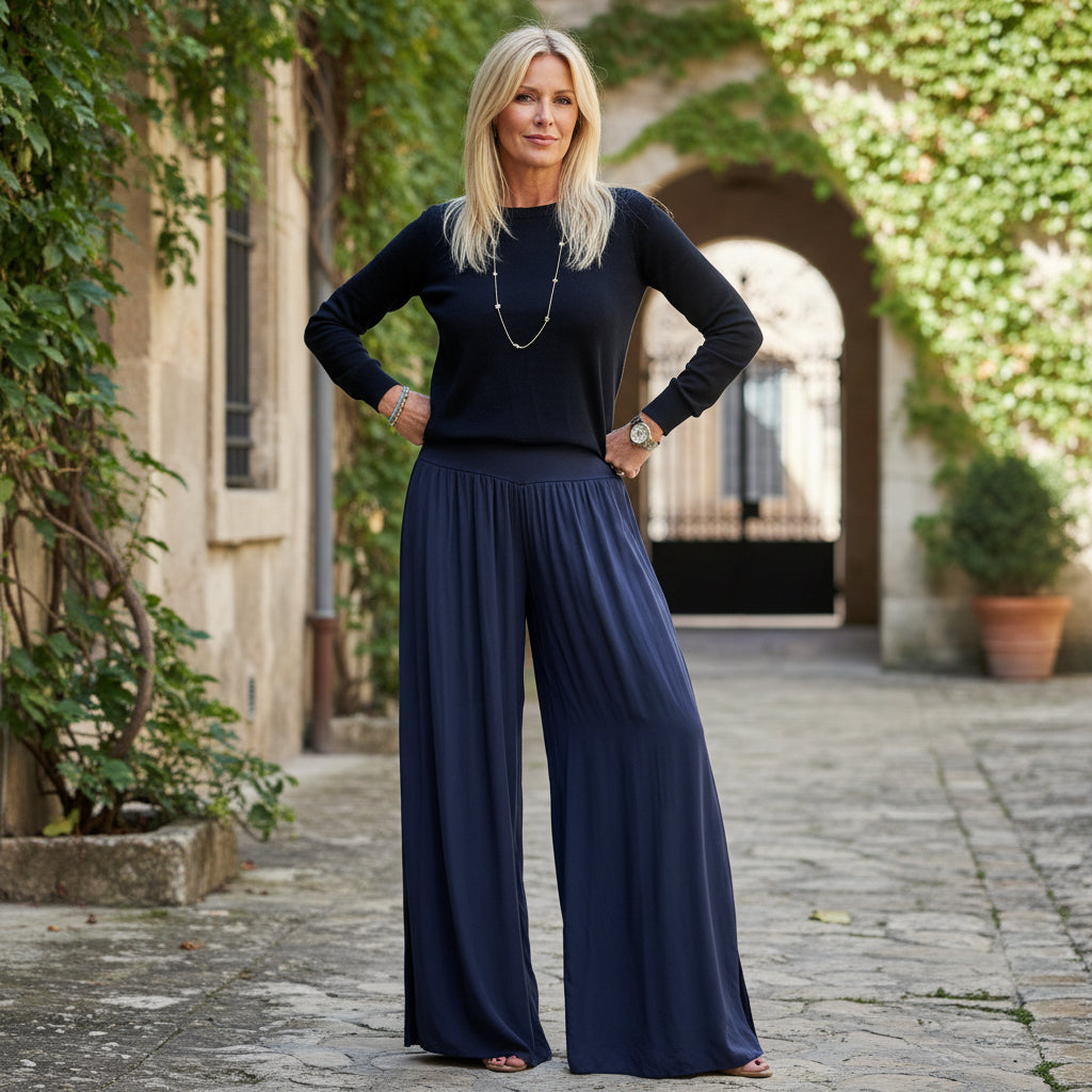 Made In Italy Split Side Navy Wide Leg Stretch Waistband Trousers - Sugarplum Boutique