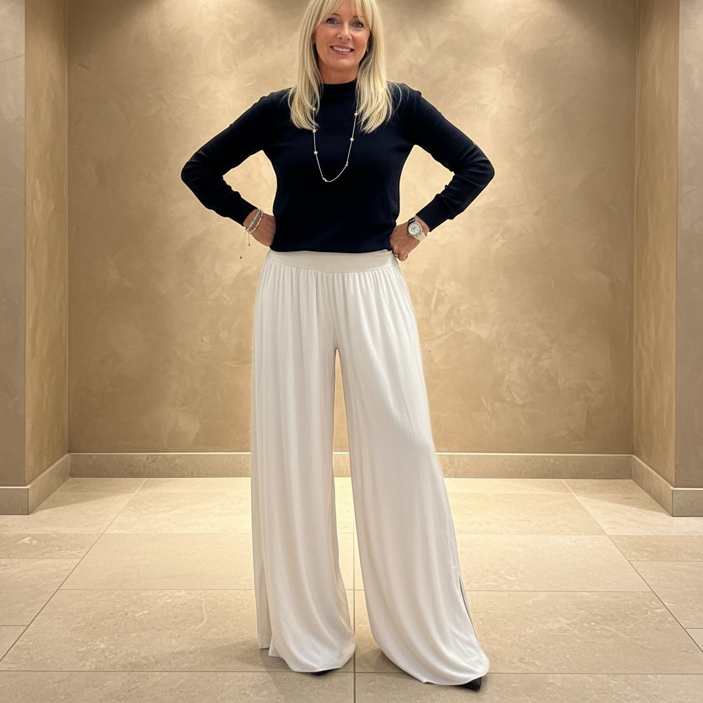 Made In Italy Split Side Stone Wide Leg Stretch Waistband Trousers - Sugarplum Boutique