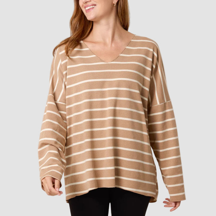 Made In Italy Statham Striped Camel Brown Cotton Top - Sugarplum Boutique