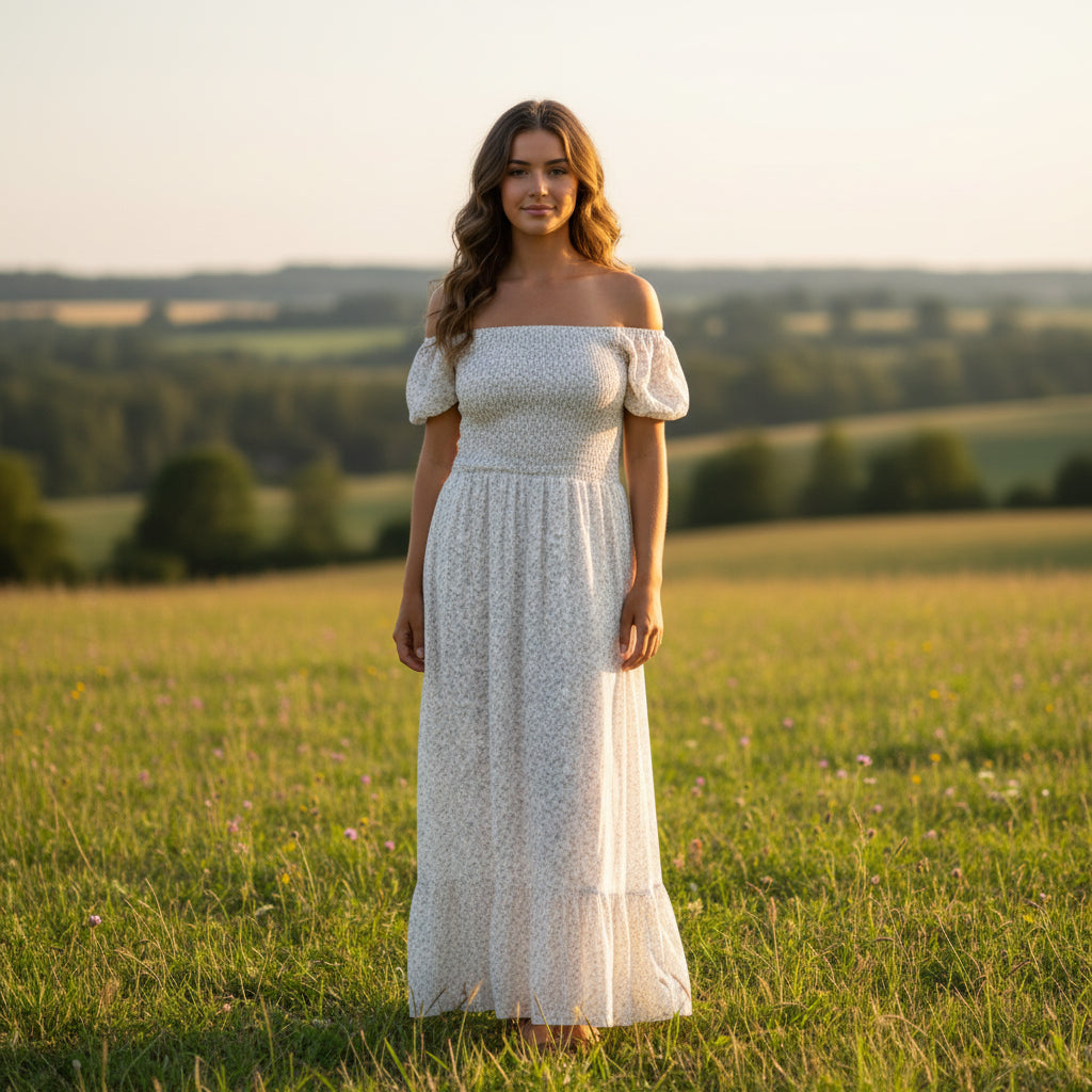 Made In Italy Stone Ditsy Flower Shirred Bardot Maxi Dress - Sugarplum Boutique